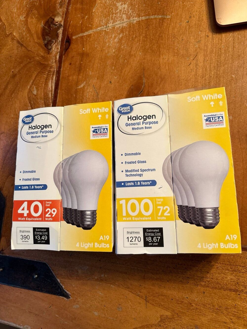 Great Value Halogen Light Bulbs Soft White 4 Pack 40 watt and 100 w equivalent